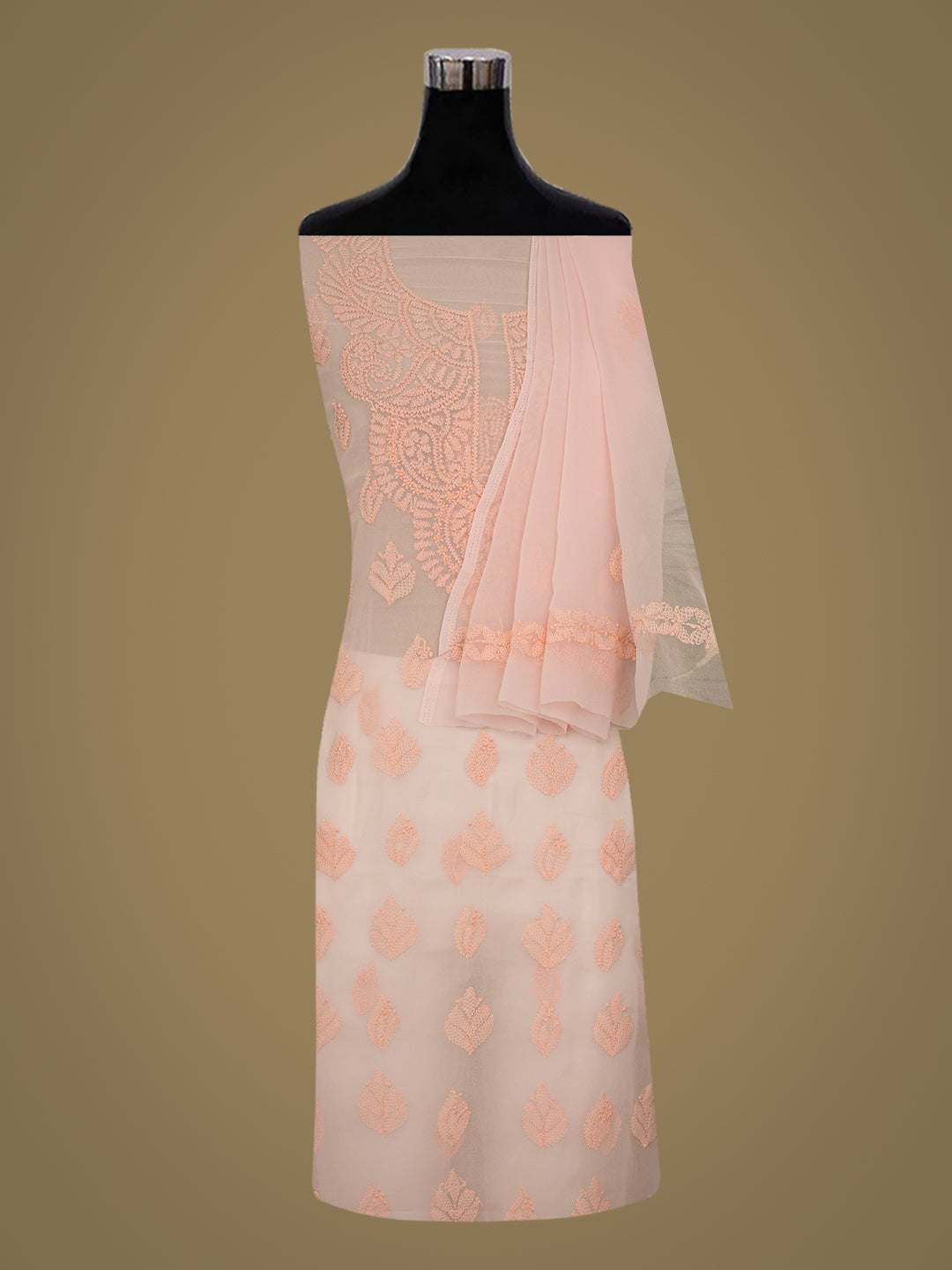 Ada Hand Embroidered Peach Faux Georgette Lucknowi Chikankari Unstitched Suit Piece_4