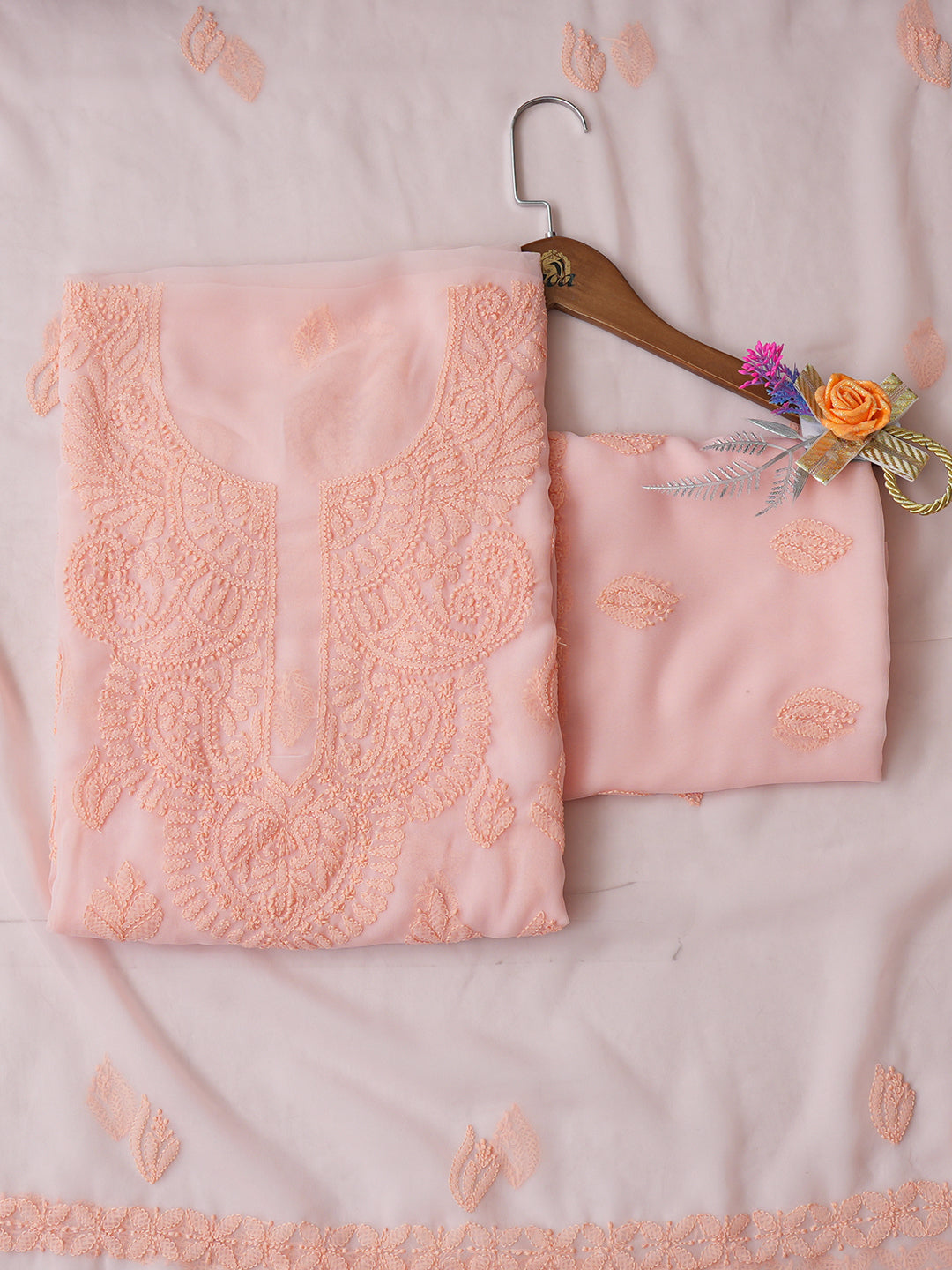 Ada Hand Embroidered Peach Faux Georgette Lucknowi Chikankari Unstitched Suit Piece_1