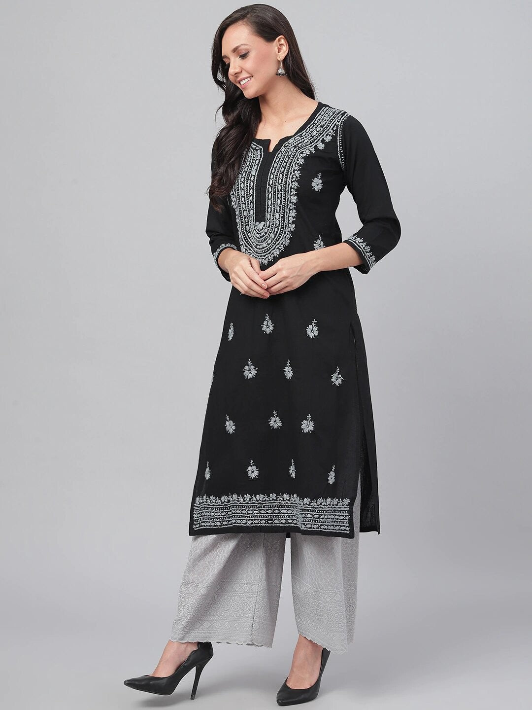 Ada Hand Embroidered Black Cotton Lucknowi Chikankari Kurta A396432