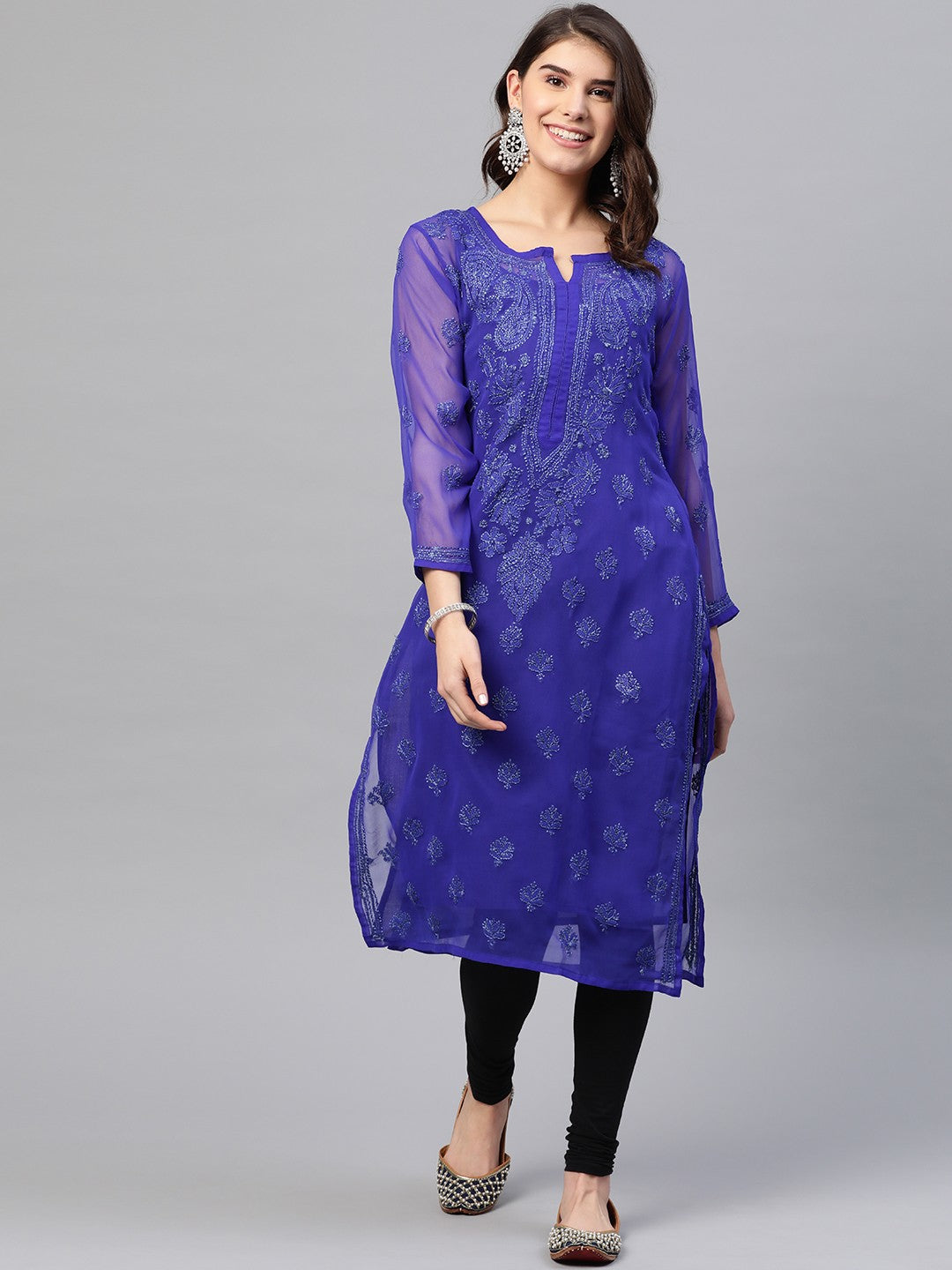 Ada Hand Embroidered Royal Blue Georgette Lucknow Chikan Kurta with Slip A229395