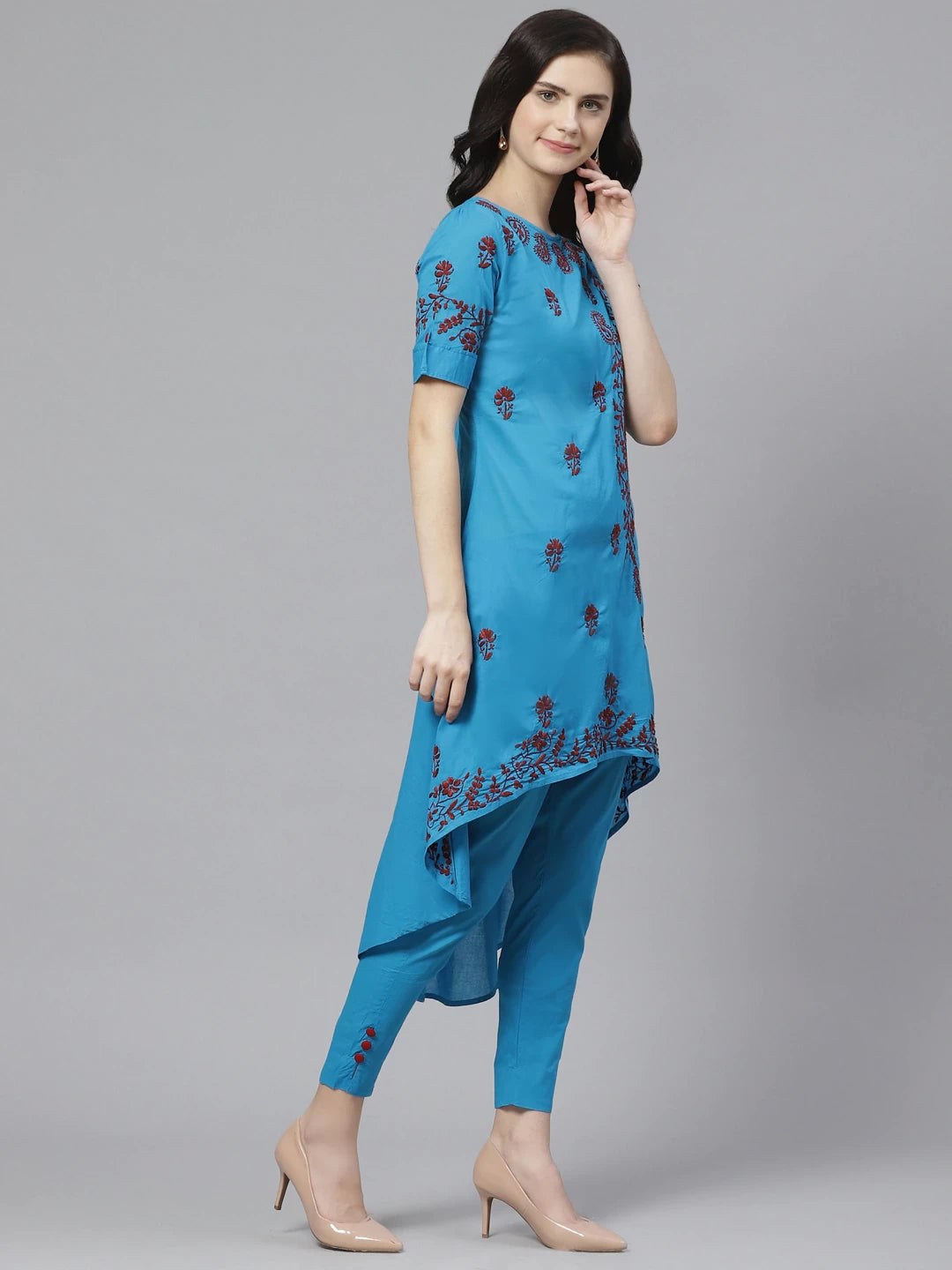 Ada Hand Embroidered Blue Cotton Lucknowi Chikankari Straight Kurta With Trouser Set A100325