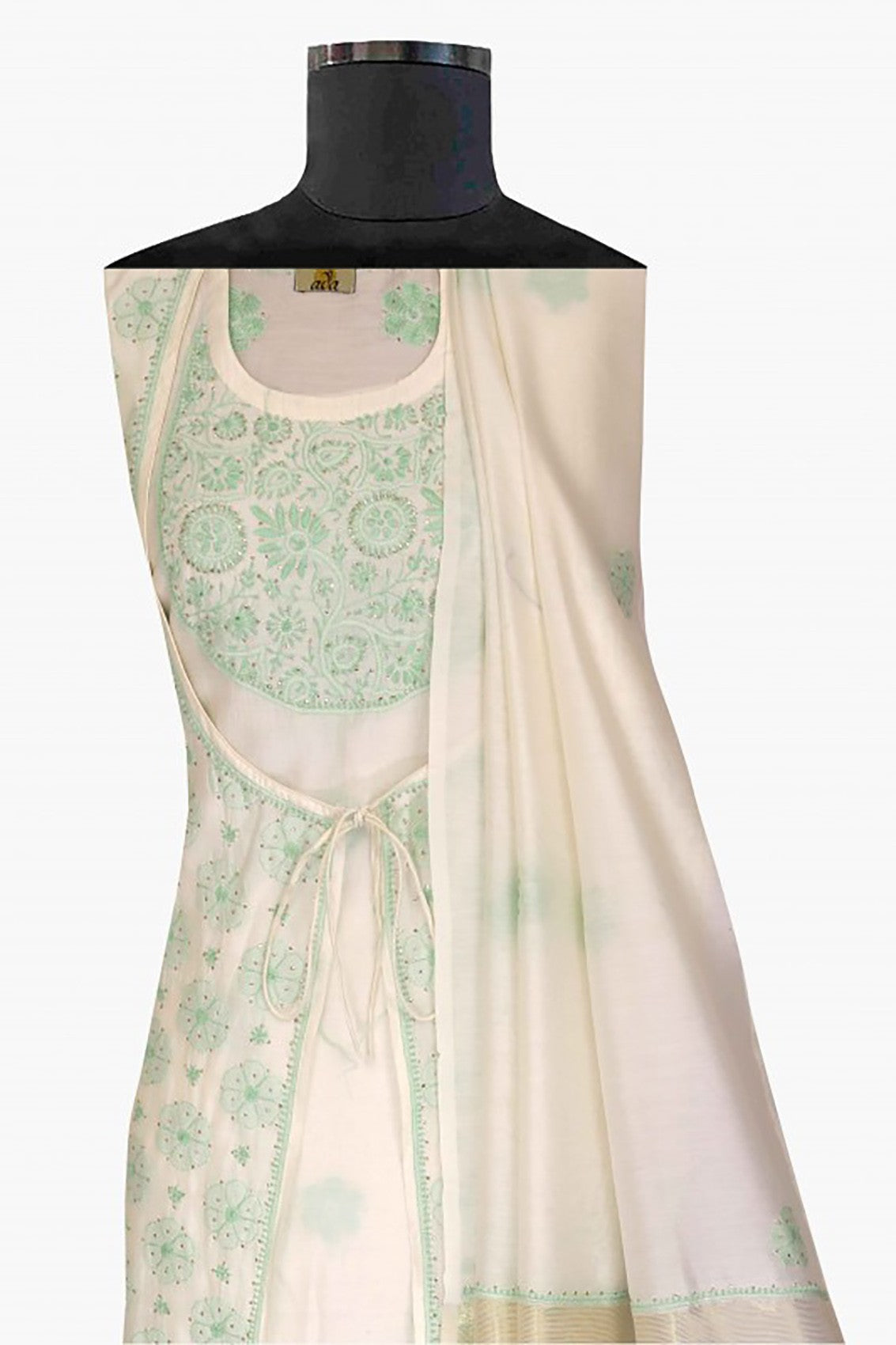 Ada Hand Embroidered Pearl White Chanderi Lucknowi Chikankari Semi-stitched Kurta Dupatta Set With Muqaish Work A621873