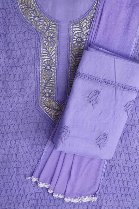 Ada Hand Embroidered Mauve Cotton Lucknowi Chikan Unstitched Suit Piece–A100187