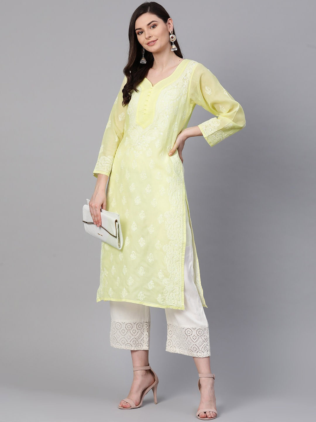 Ada Hand Embroidered Lemon Cotton Lucknowi Chikankari Straight Kurta A100355