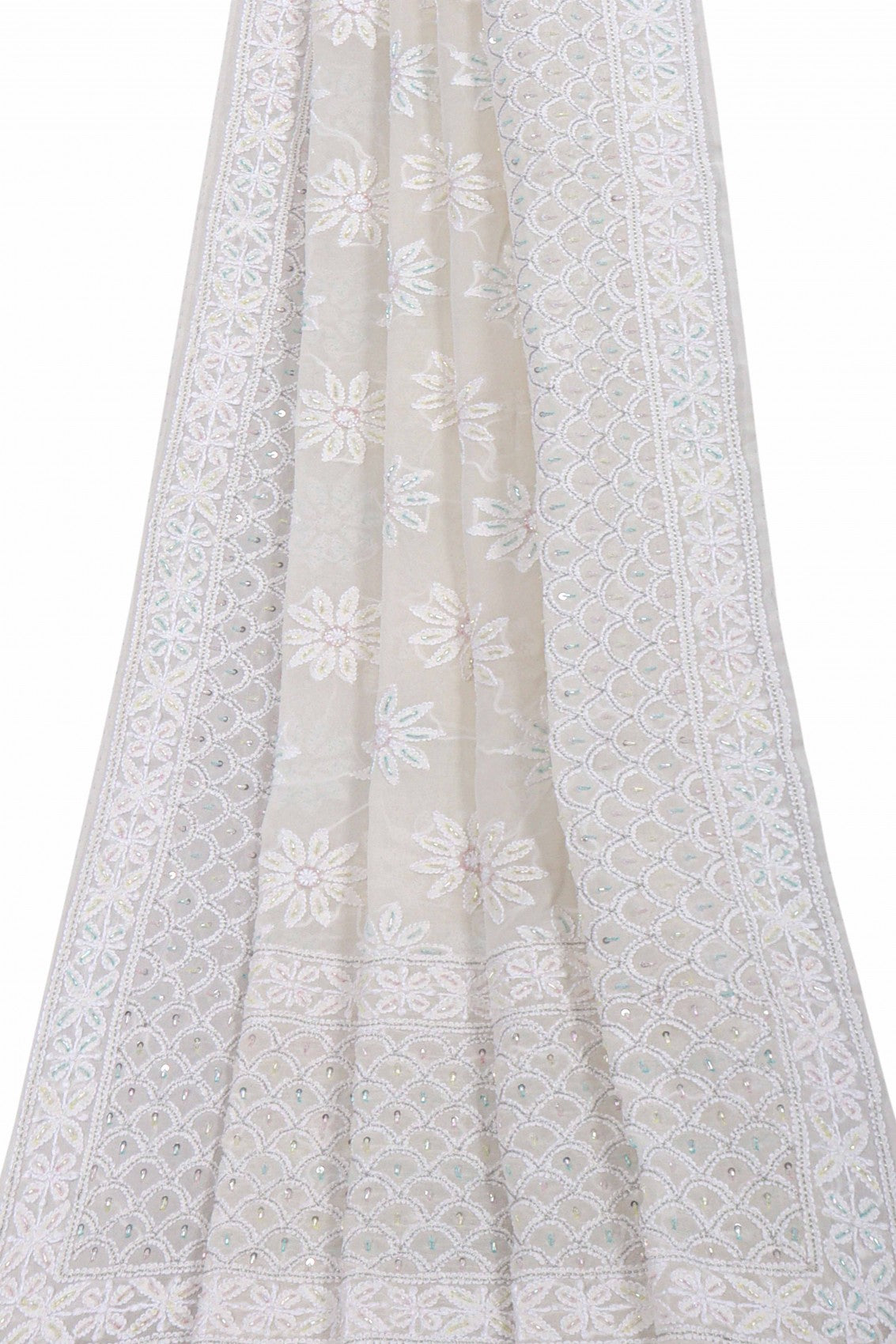 Ada Hand Embroidered White Pure Georgette Lucknowi Chikankari Dupatta With Cutdana Work 01A162503