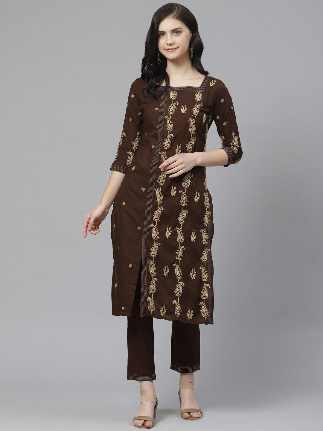 Ada Hand Embroidered Brown Cotton Lucknowi Chikankari Kurta/Trouser Set with Muqaish Work A100328