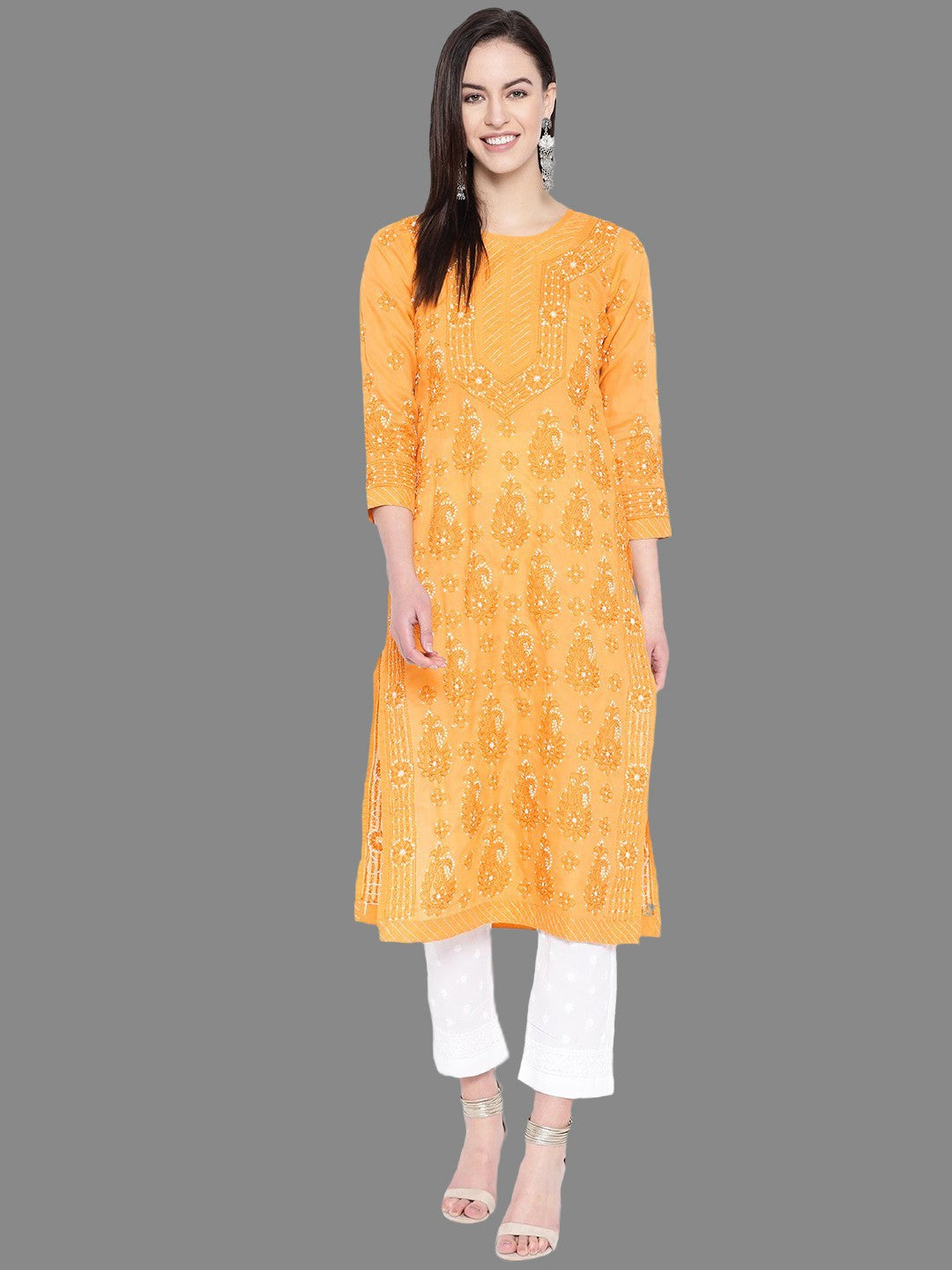 Ada Hand Embroidered Mustard Cotton Lucknowi Chikankari Kurta With Trouser Set A100223