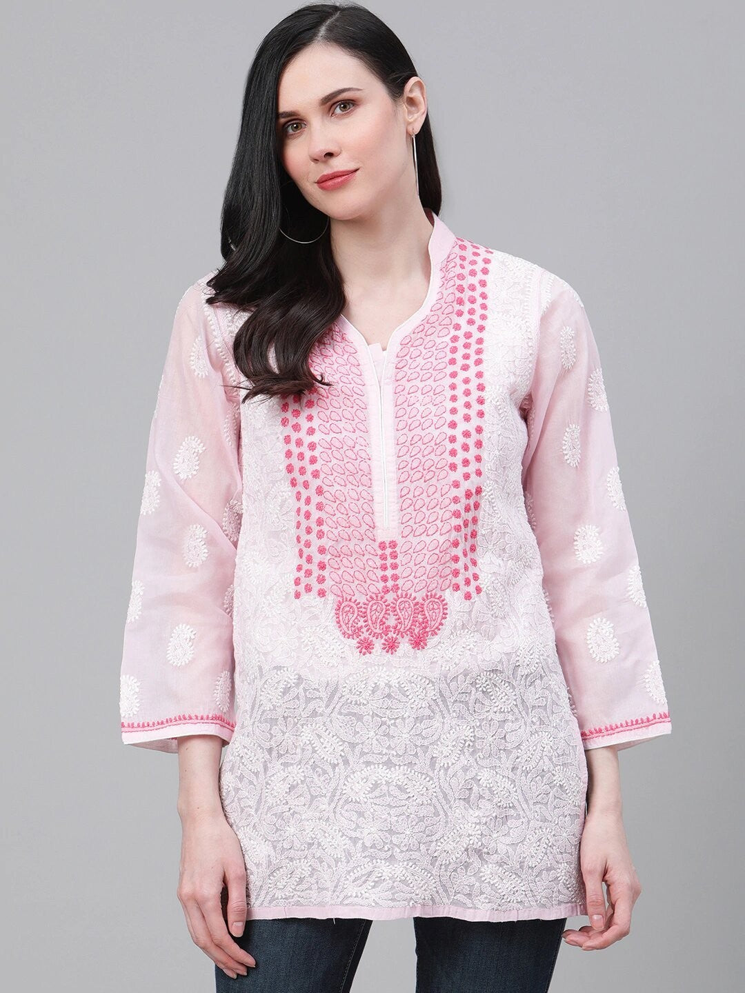 Ada Hand Embroidered Pink Cotton Lucknow Chikan Kurti-A261087