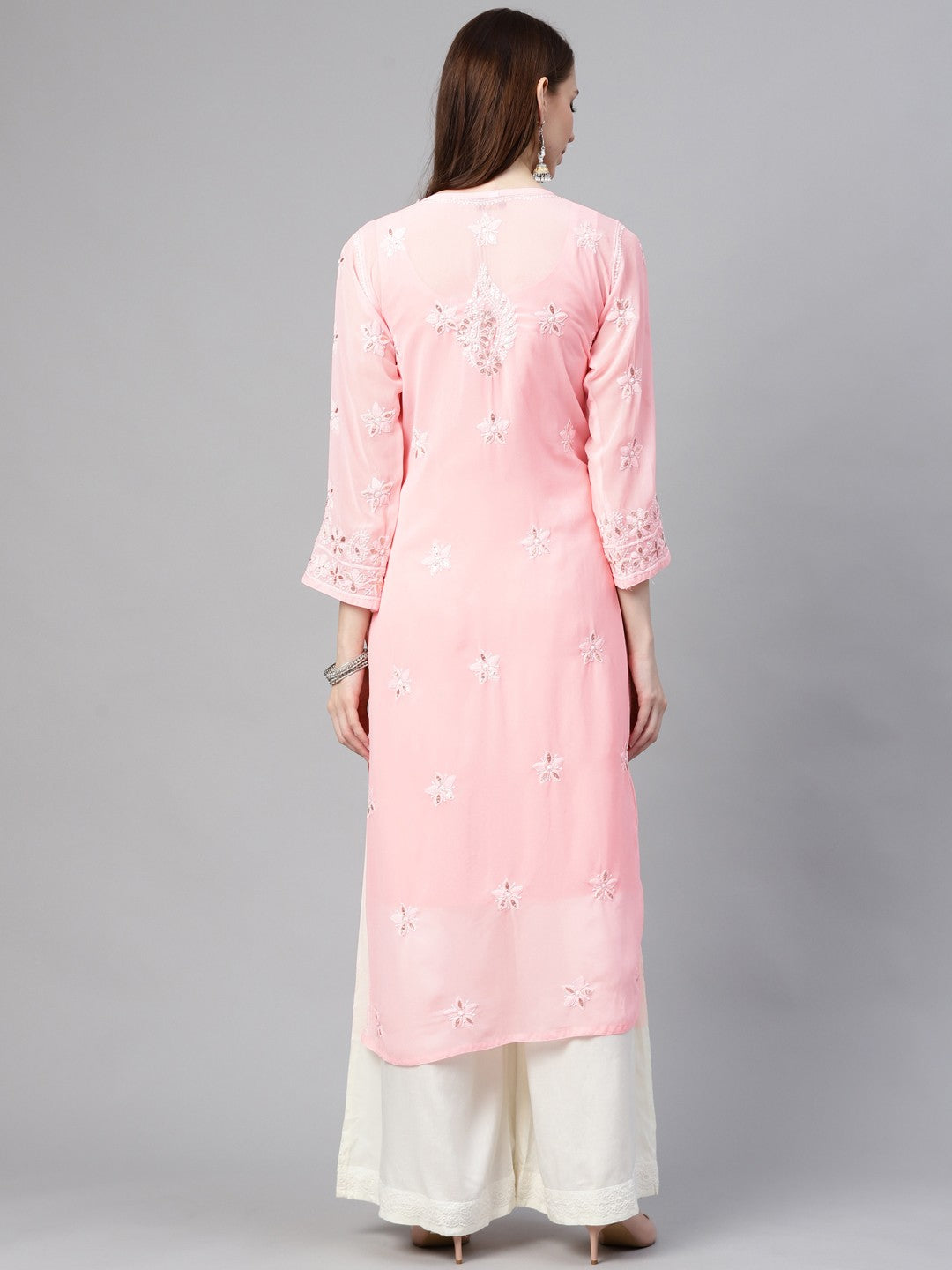Ada Hand Embroidered Pink Georgette Lucknowi Chikan Straight Kurta/Slip with Gota patti Work A411112