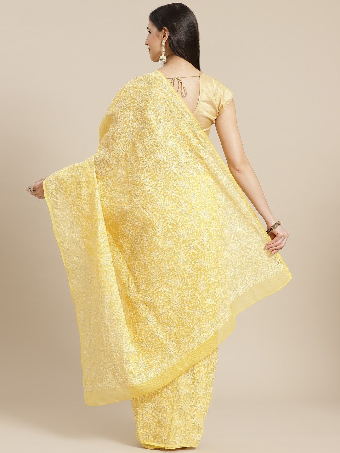 Ada Hand Embroidered Yellow Kota Lucknow Chikan Saree With Blouse-A311288