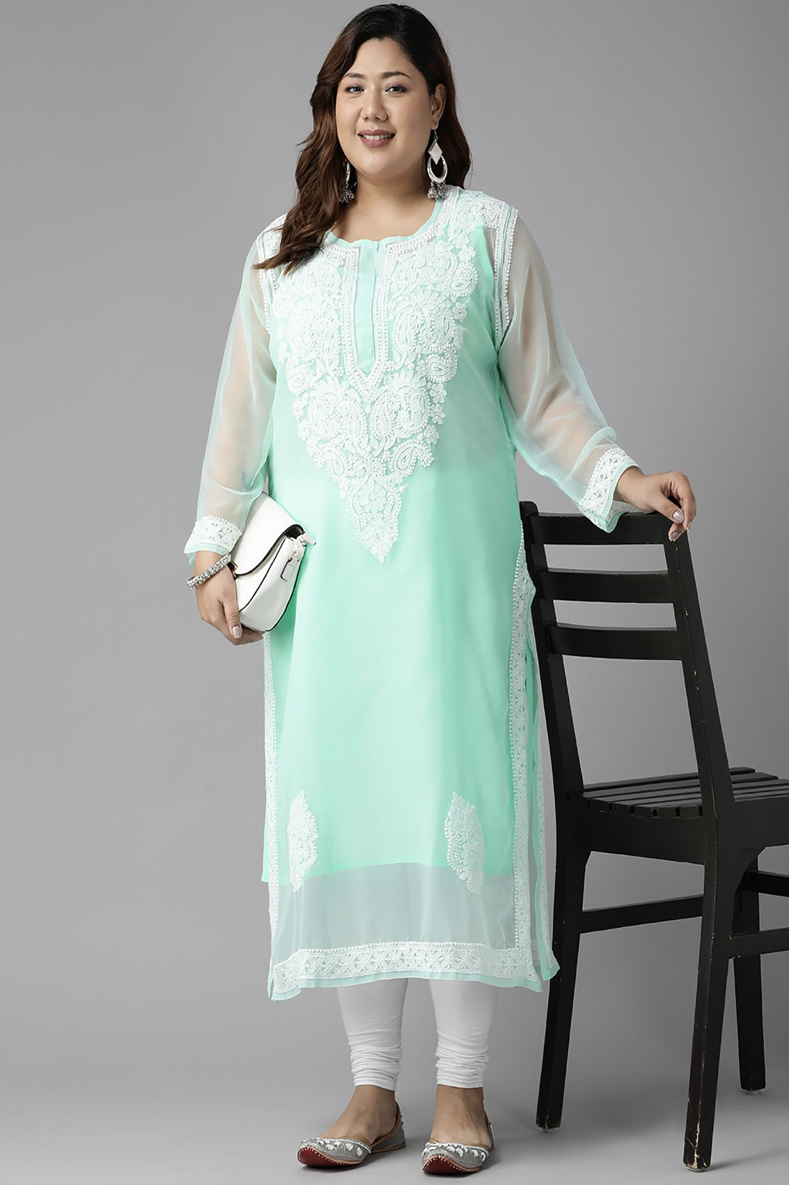 Ada Hand Embroidered Sea Green Georgette Lucknow Chikan Straight Kurta with Slip A411363