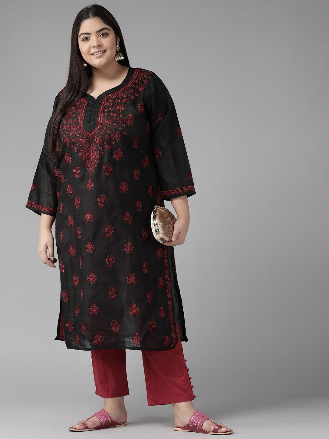 Ada Hand Embroidered Black Cotton Lucknowi Chikankari Straight Kurta A100407