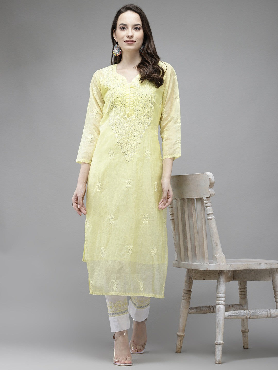 Ada Hand Embroidered Lemon Kota Lucknow Chikankari Straight Kurta/Slip With Muqaish Work A411293