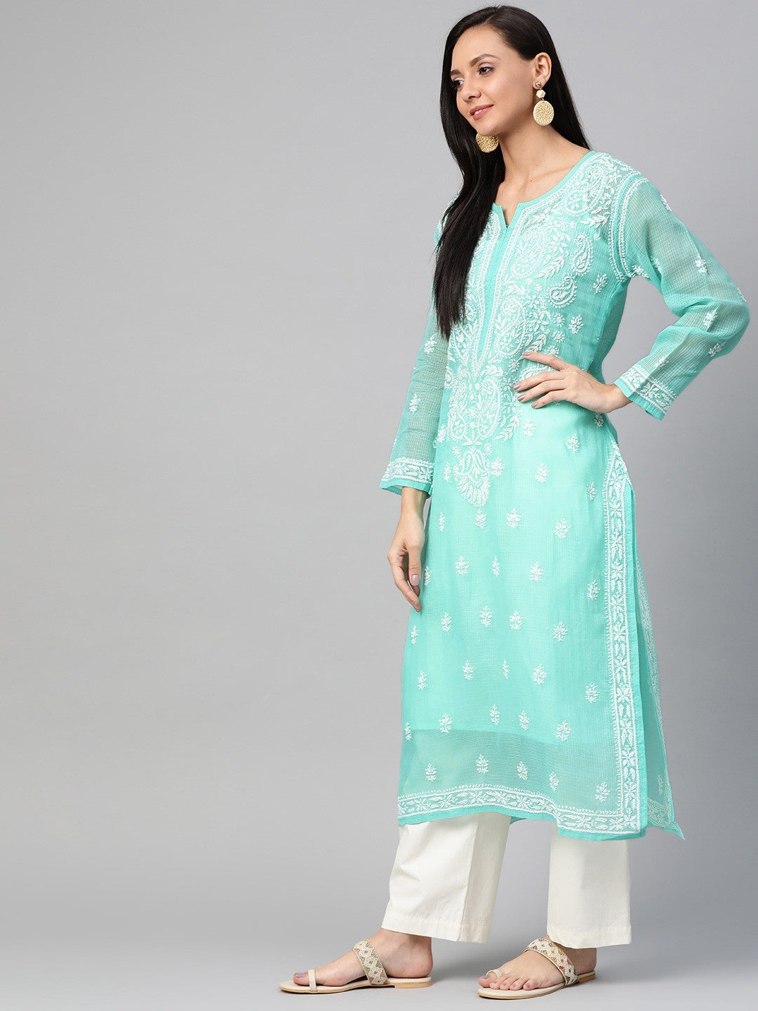 Ada Hand Embroidered Sea Green Kota Lucknowi Chikankari Straight Kurta With Slip A100533