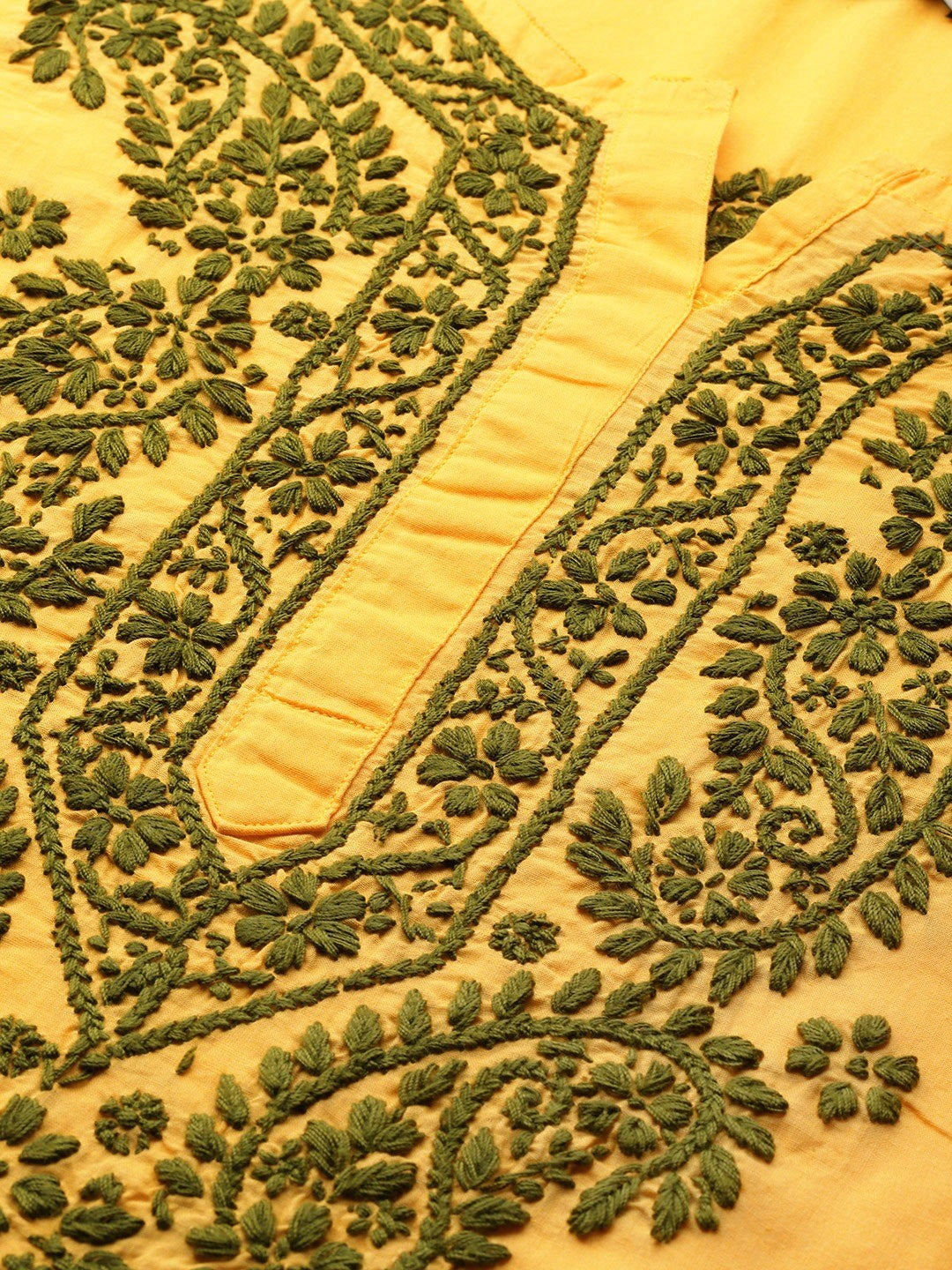 Ada Hand Embroidered Yellow Pure Cambric Cotton Lucknowi Chikan Kurti A250458