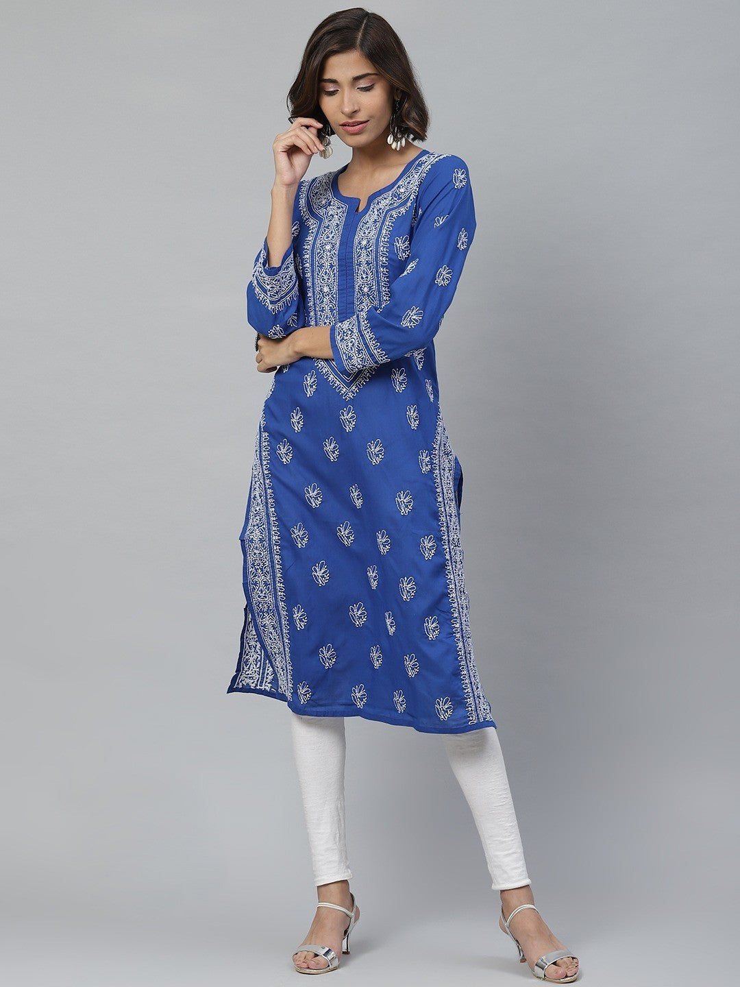 Ada Hand Embroidered Royal Blue Cotton Lucknowi Chikankari Straight Kurta A100458