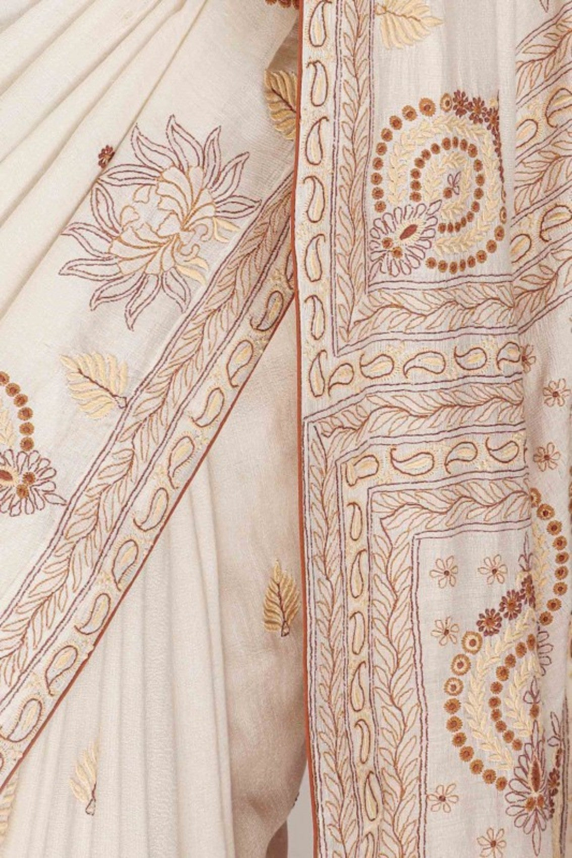 Ada Hand Embroidered Cream Chanderi Lucknowi Chikankari Saree With Blouse A74579