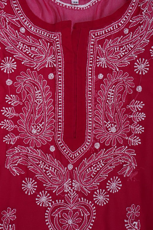 Ada Hand Embroidered Magenta Georgette Lucknow Chikan Kurta With Slip A411350