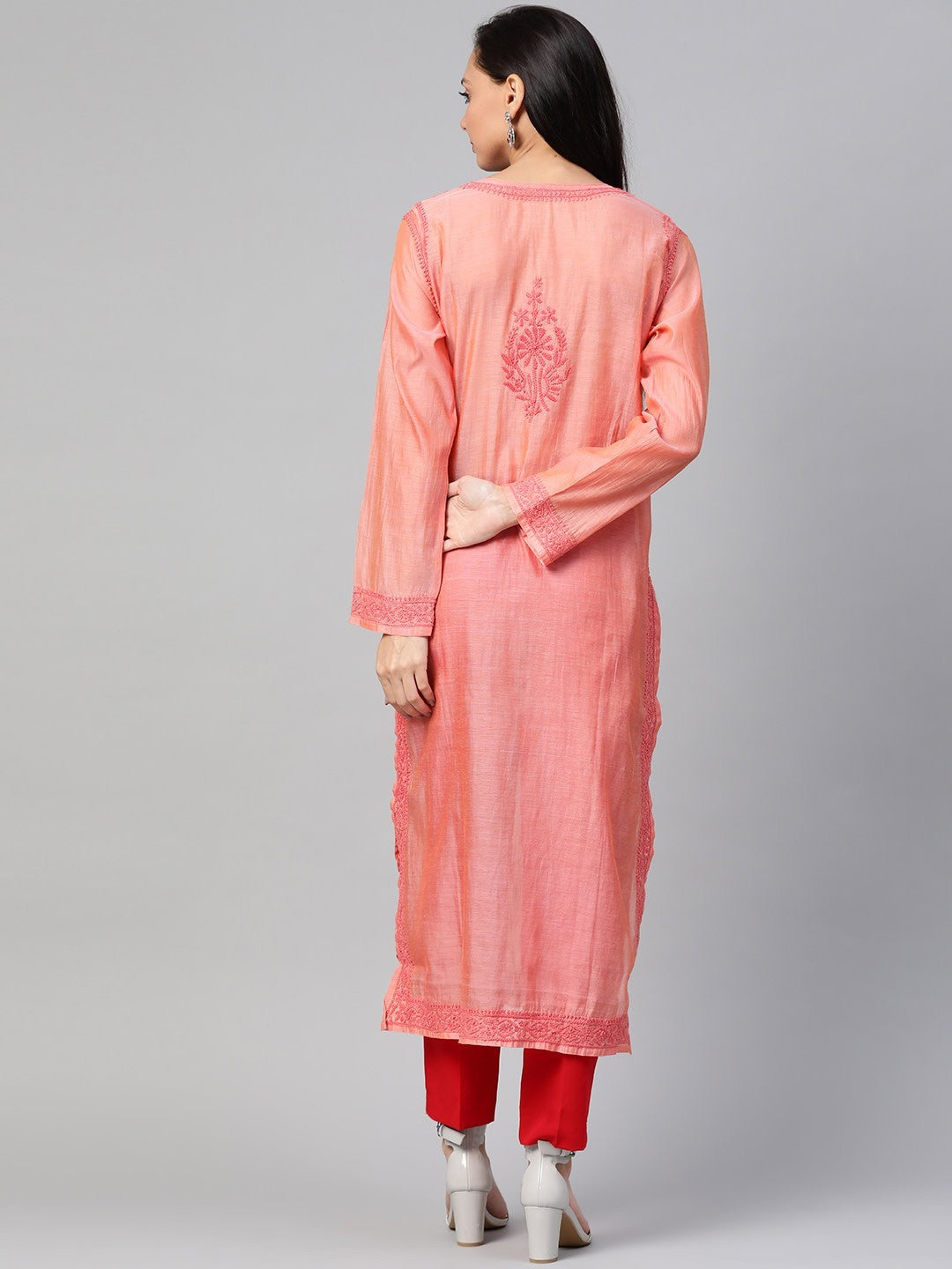Ada Hand Embroidered Peach Chanderi Lucknowi Chikankari Straight Kurta A100476