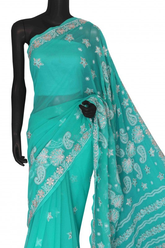Ada Hand Embroidered Turquoise Blue Georgette Lucknowi Chikankari Saree/Blouse With Gota Patti Work A567451
