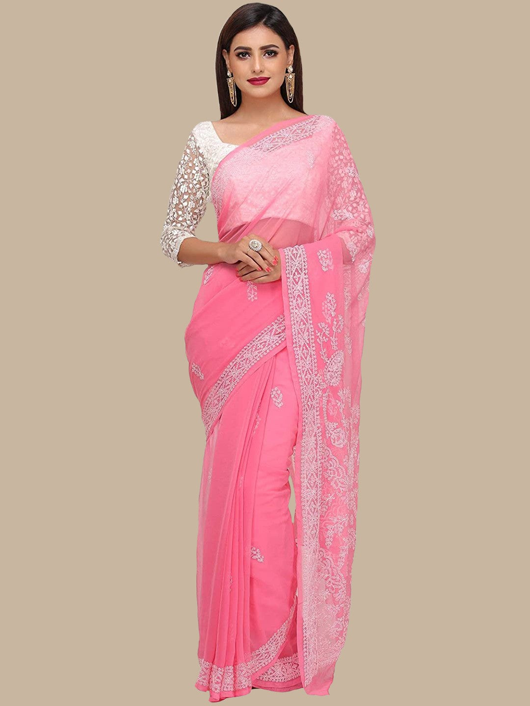 Ada Hand Embroidered Onion Pink Georgette Lucknowi Chikankari Saree With Blouse A191641