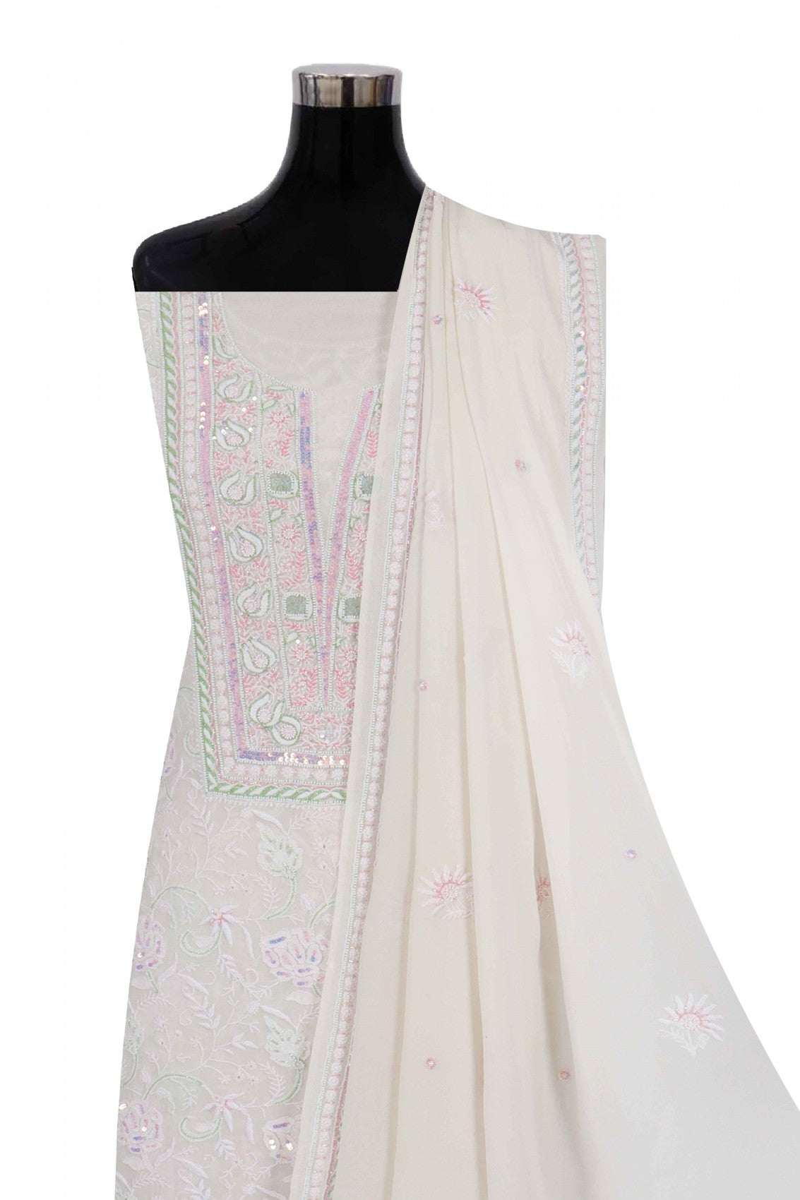 Ada Hand Embroidered White Pure Georgette Lucknowi Chikankari Unstitched Kurta Dupatta Set With Pearl Work A621851