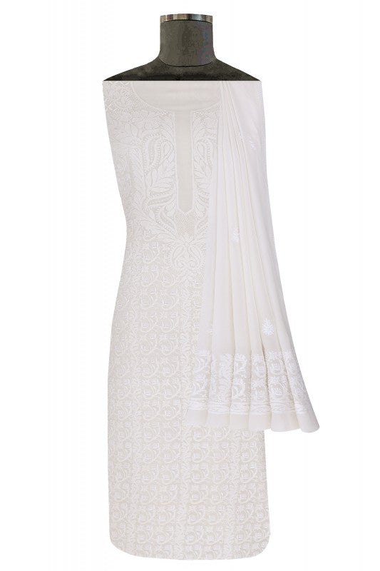 Ada Hand Embroidered White Pure Georgette Lucknowi Chikan Unstitched Kurta Dupatta Set A449761