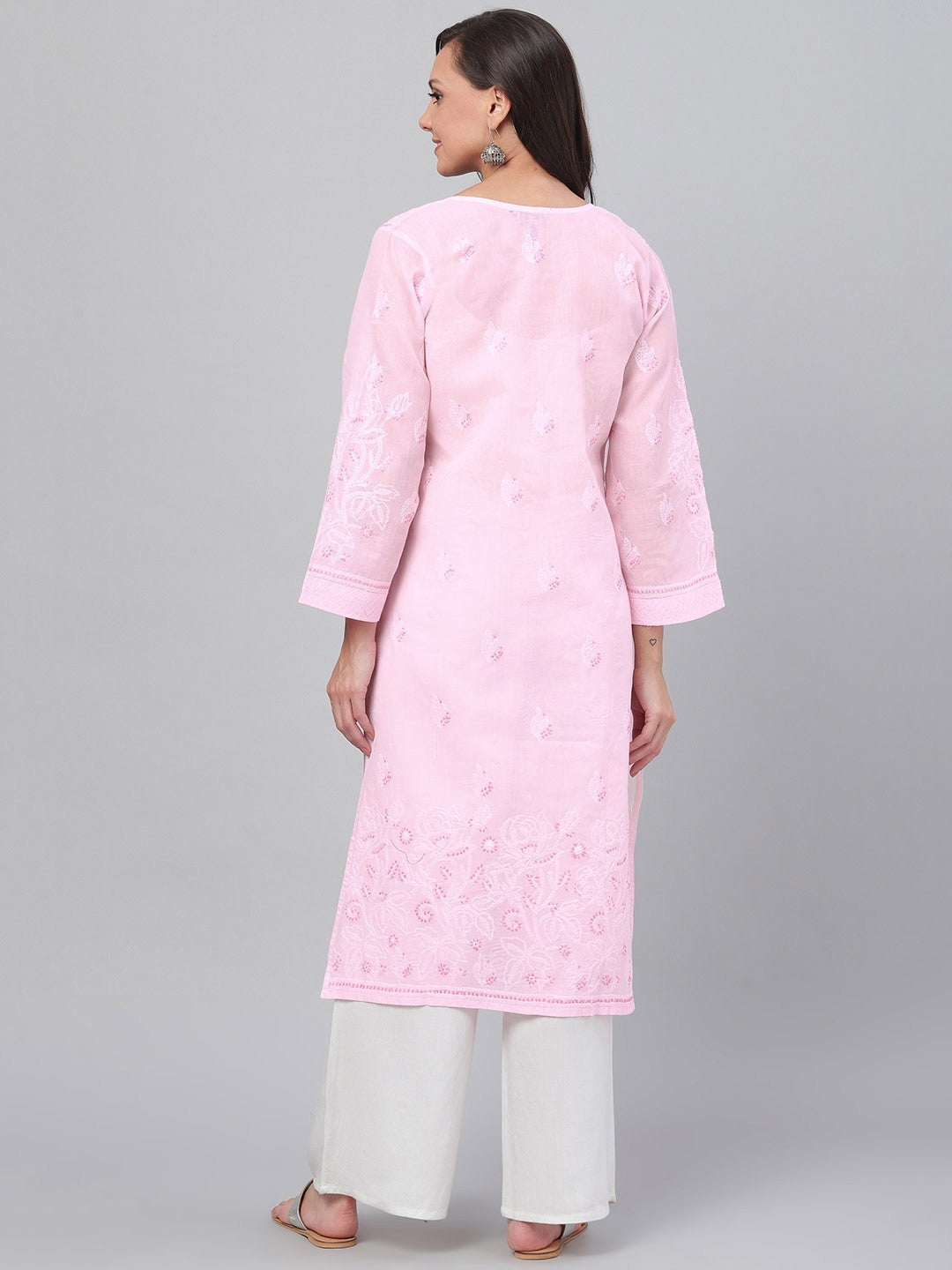 Ada Hand Embroidered Pink Cotton Lucknowi Chikankari Straight Kurta  A221041