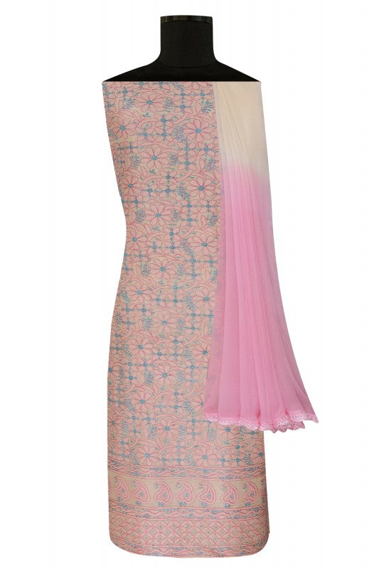 Ada Hand Embroidered Cream Tusser Silk Lucknowi Chikan Unstitched Suit Piece- A609368