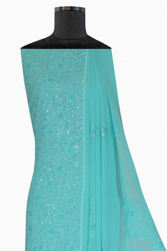 Ada Hand Embroidered Turquoise Blue Georgette Lucknowi Chikan Unstitched Kurta Dupatta Set with Sequinned Work A611683