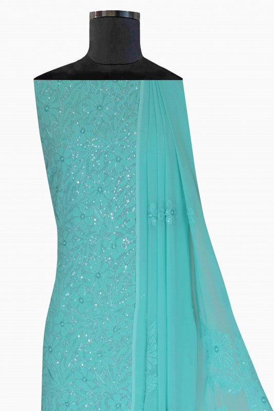 Ada Hand Embroidered Turquoise Blue Georgette Lucknowi Chikan Unstitched Kurta Dupatta Set with Sequinned Work A611683