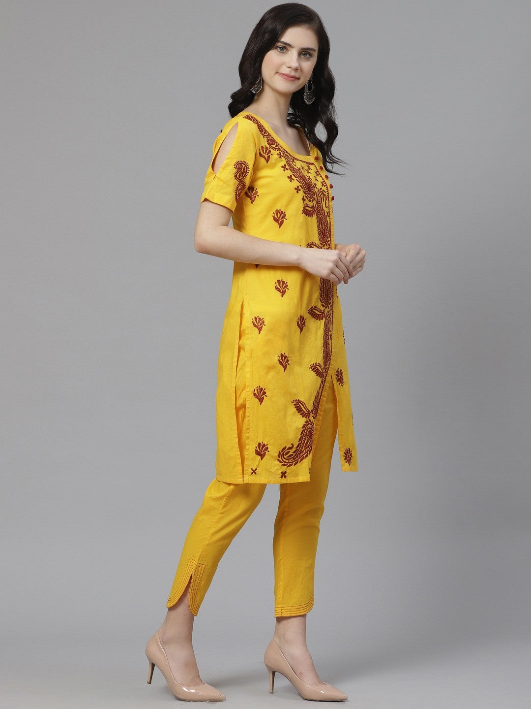 Ada Hand Embroidered Yellow Cotton Lucknowi Chikankari Straight Kurta With Trouser Set A100330