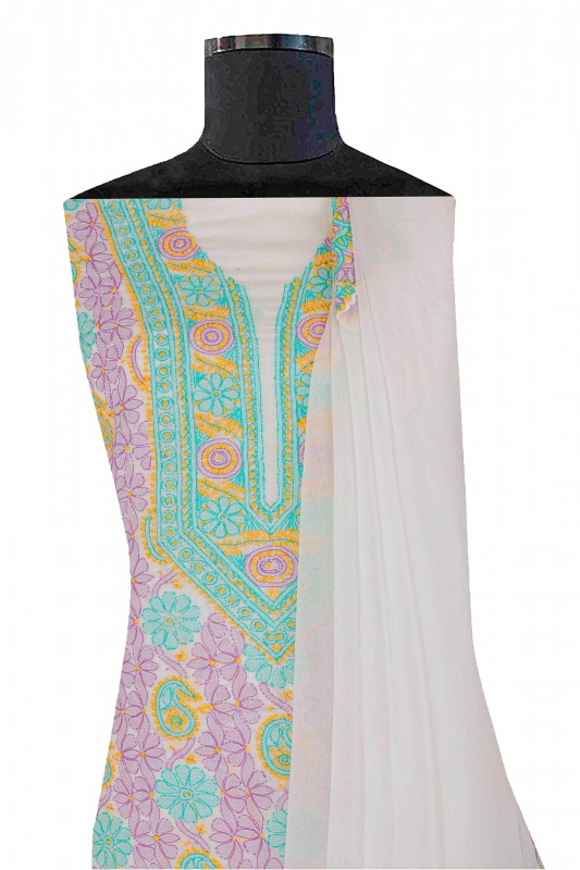 Ada Hand Embroidered White Cotton Lucknowi Chikan Unstitched Suit Piece A599588