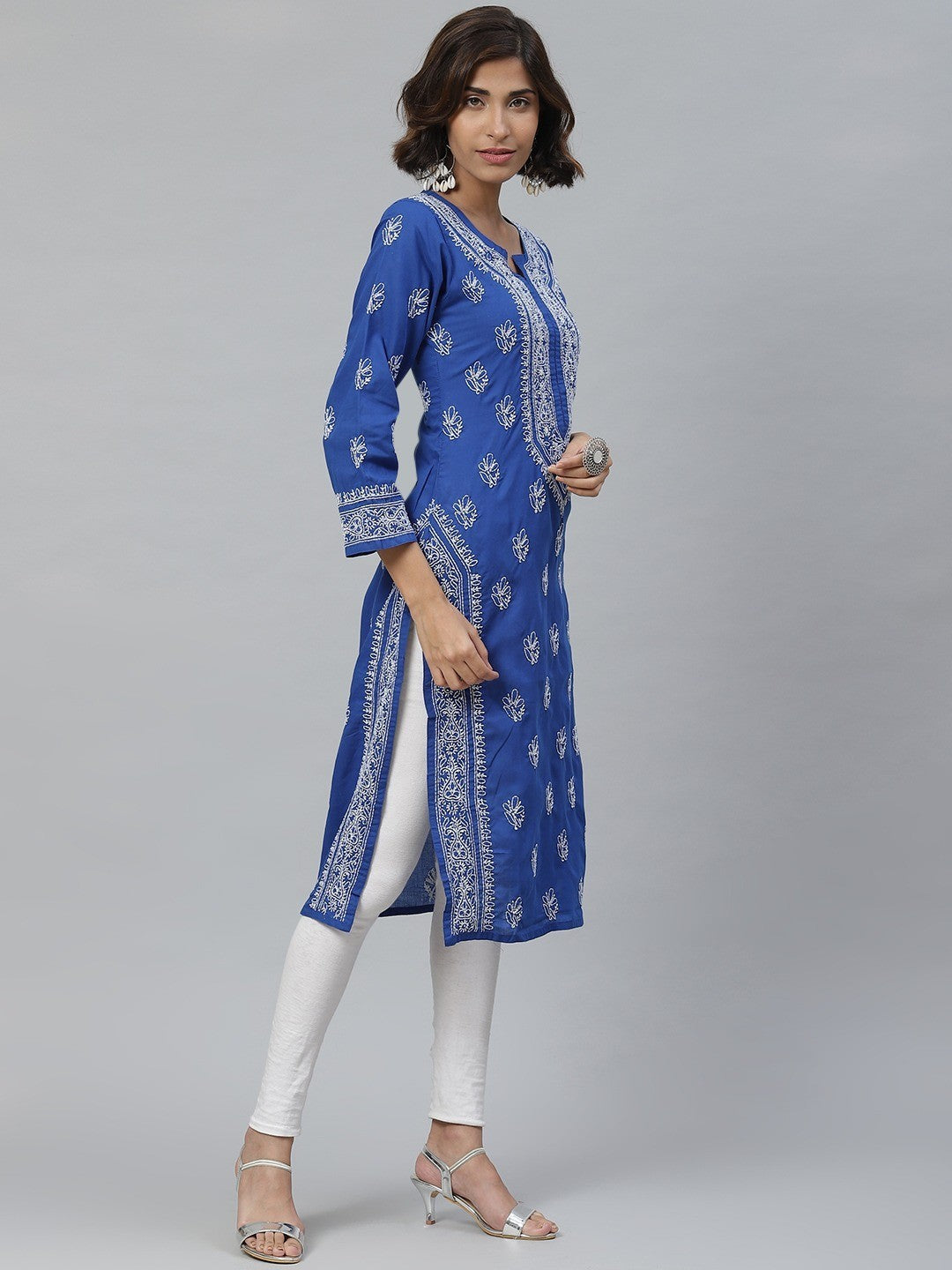 Ada Hand Embroidered Royal Blue Cotton Lucknowi Chikankari Straight Kurta A100458
