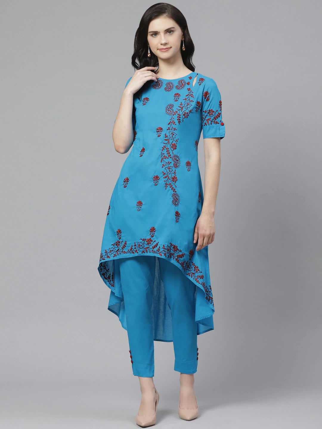 Ada Hand Embroidered Blue Cotton Lucknowi Chikankari Straight Kurta With Trouser Set A100325