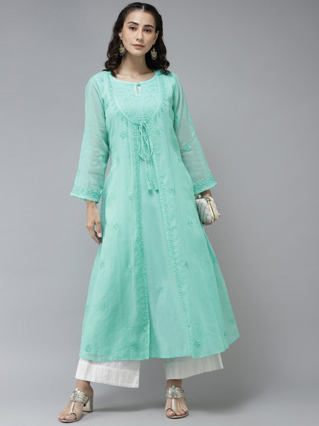 Ada Hand Embroidered Sea Green Kota Lucknow Chikankari A-Line Kurta A411234