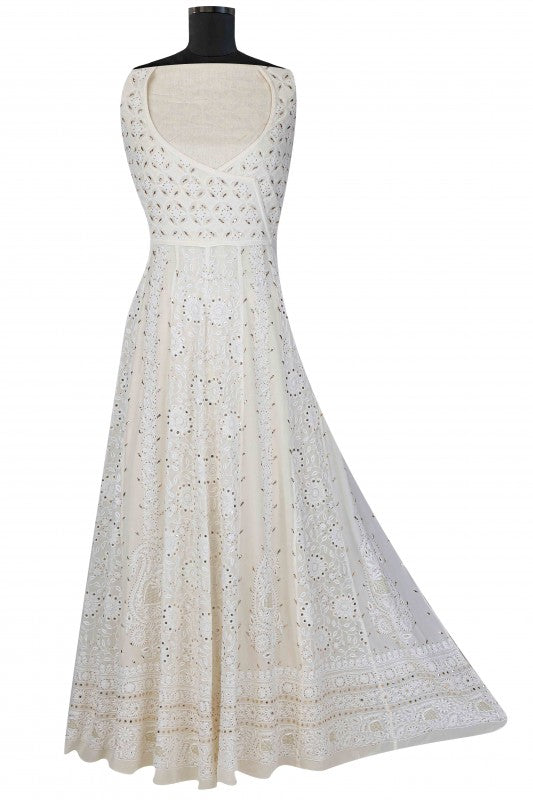 Ada Hand Embroidered Ivory White Pure Georgette Lucknowi Chikankari Semi-Stitched Anarkali Kurta Dupatta Set With Muqaish Work A501766