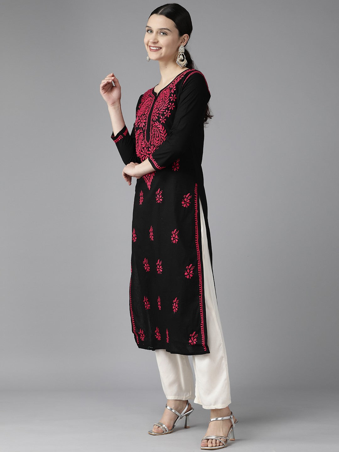 Ada Hand Embroidered Black Cotton Lucknow Chikankari Straight Kurta A411404