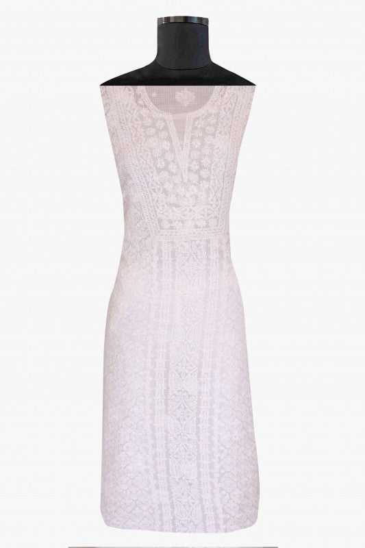 Ada Hand Embroidered White Kota Lucknowi Chikan Unstitched Kurta Dupatta-A618166