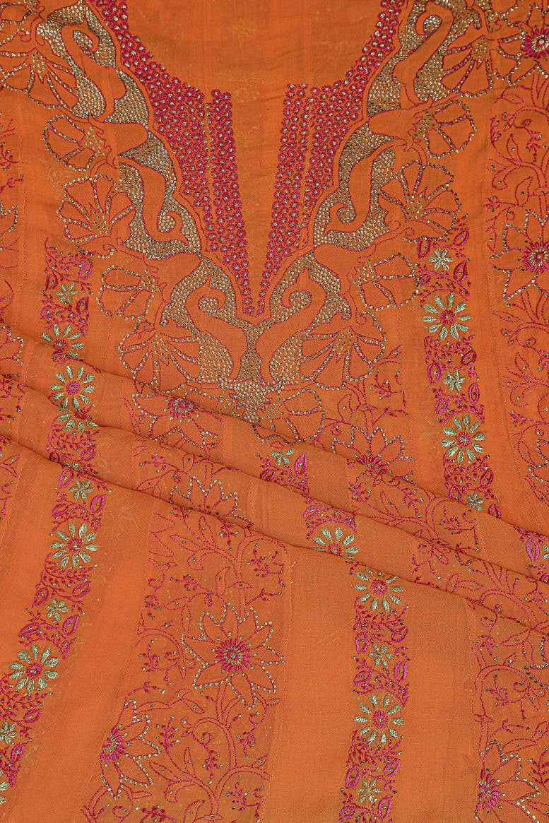 Ada Hand Embroidered Orange/Magenta Pure Georgette Semi-stitched Anarkali Kurta Dupatta Set With Muqaish Work A266362