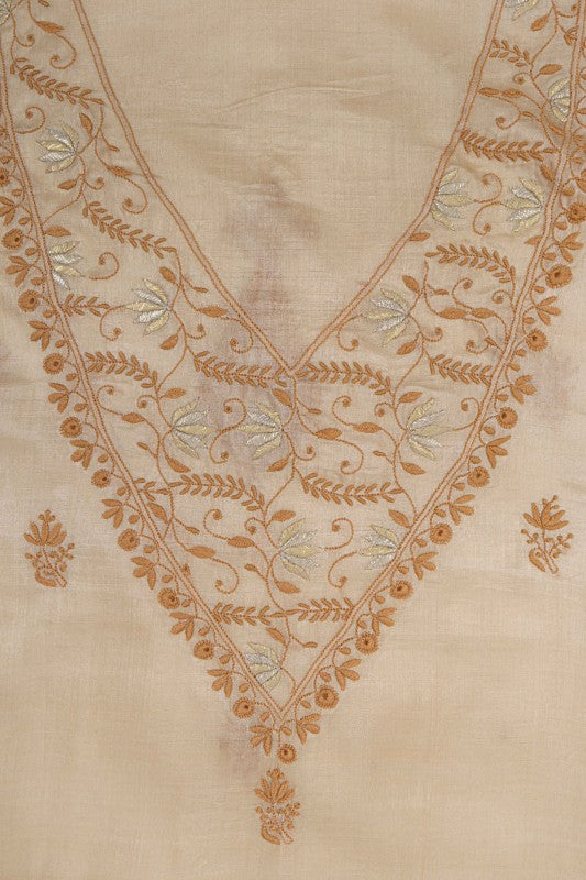 Ada Hand Embroidered Natural Fawn Tussar Silk Lucknowi Chikan Unstitched Kurta Piece A58146
