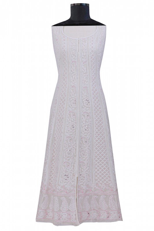 Ada Hand Embroidered White Pure Georgette Lucknowi Chikankari Semi-stitched Anarkali Kurta Dupatta Set With Sequinned & Pearl Work- A623655