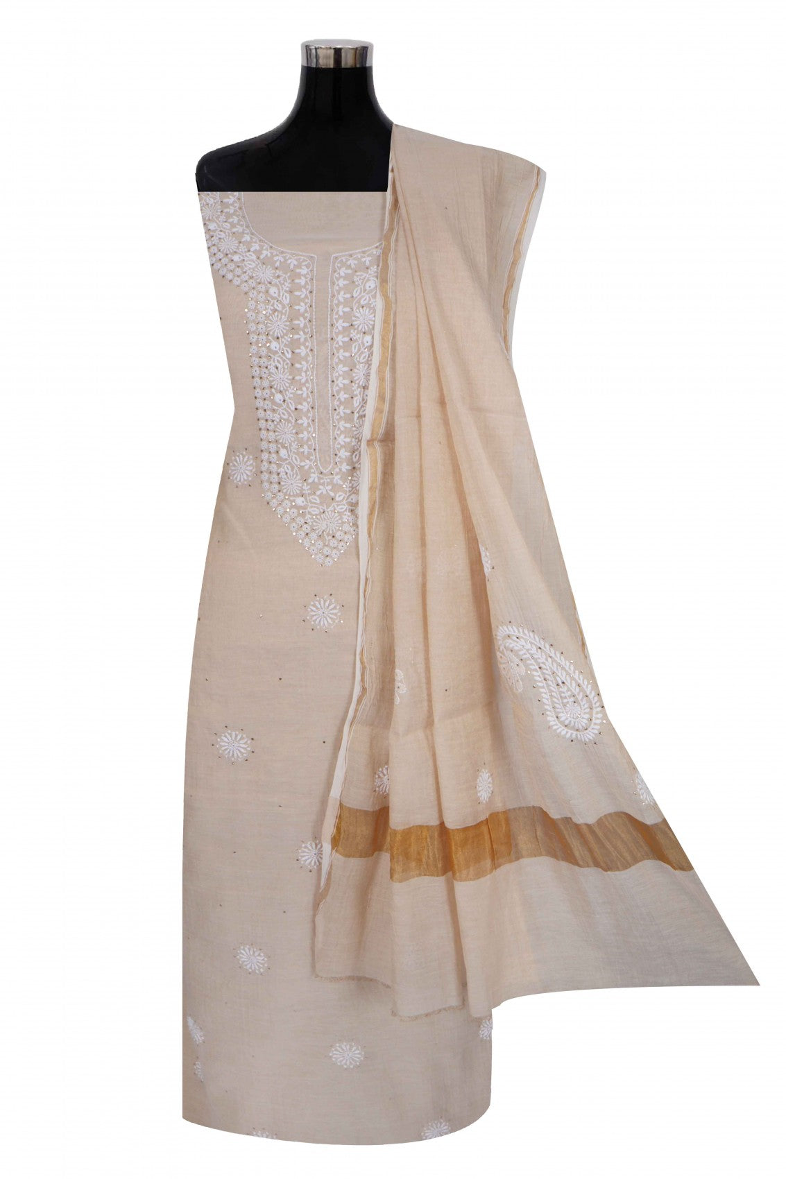 Ada Hand Embroidered Natural Fawn Tissue Lucknowi Chikankari Unstitched Kurta Dupatta Set With Muqaish Work 01A196056