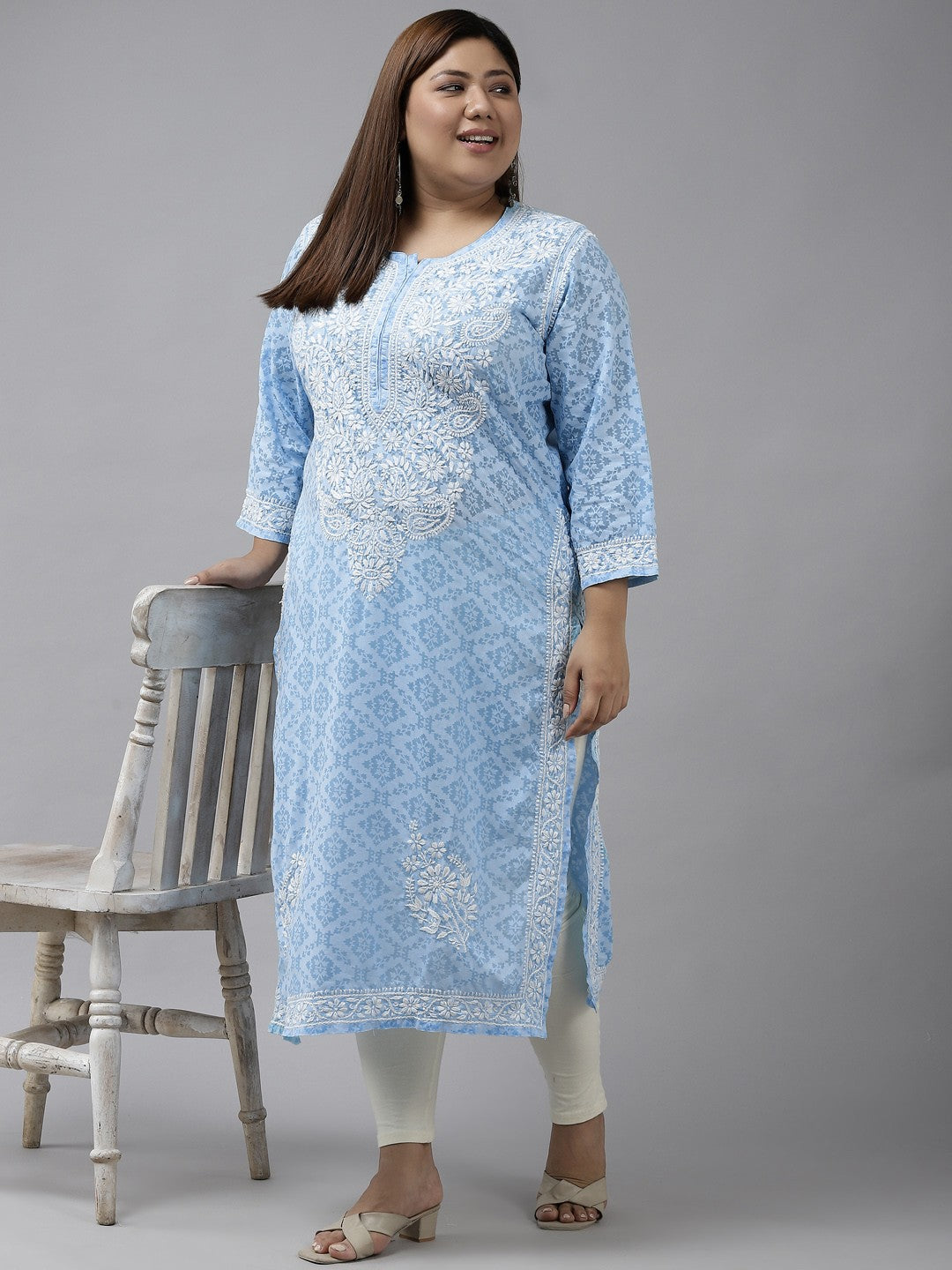 Ada Hand Embroidered Blue Cotton Lucknowi Chikankari Straight Kurta A100107