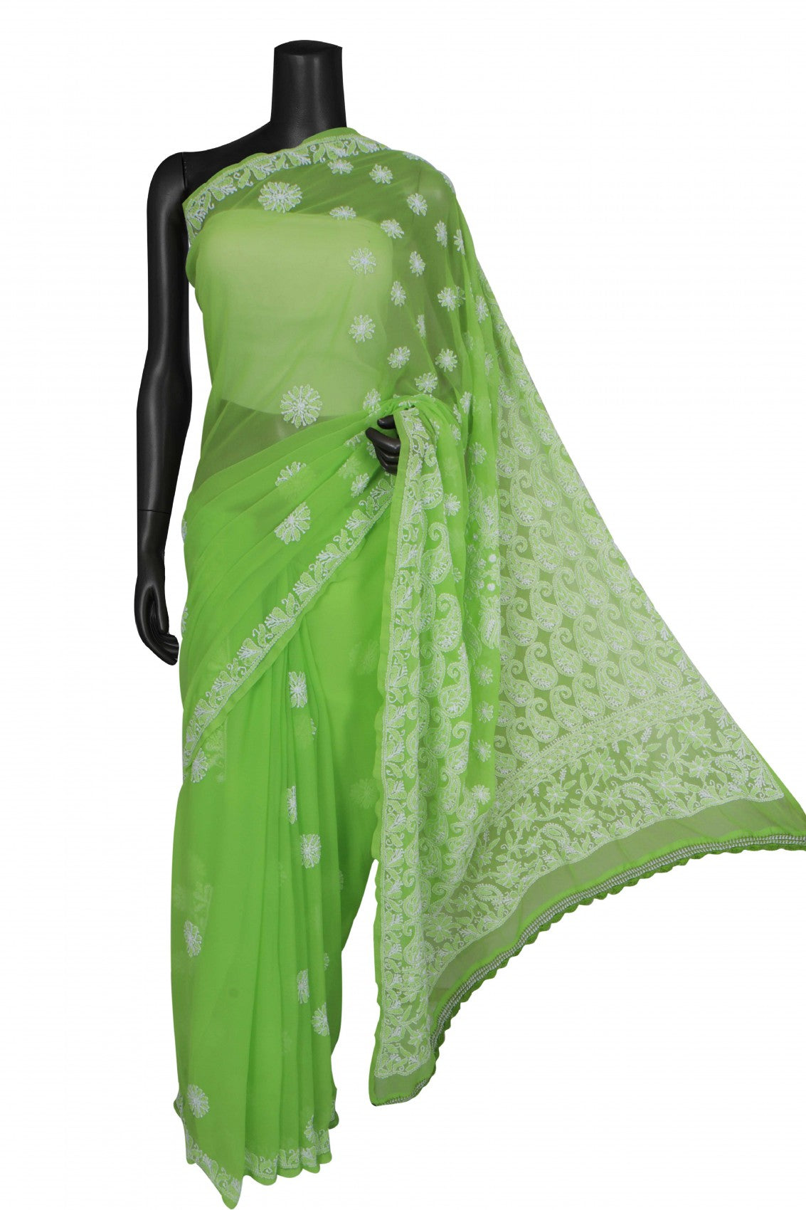 Ada Hand Embroidered Parrot Green Georgette Lucknowi Chikankari Saree With Blouse A599391