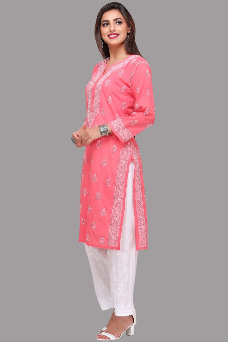 Ada Hand Embroidered Carrot Pink Cotton Lucknow Chikan Kurti A220764