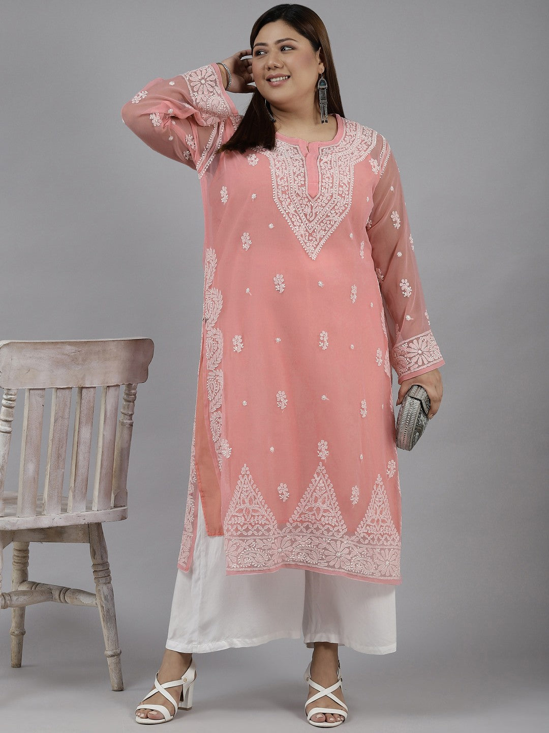 Ada Hand Embroidered Peach Georgette Lucknowi Chikankari Straight Kurta With Slip A411194