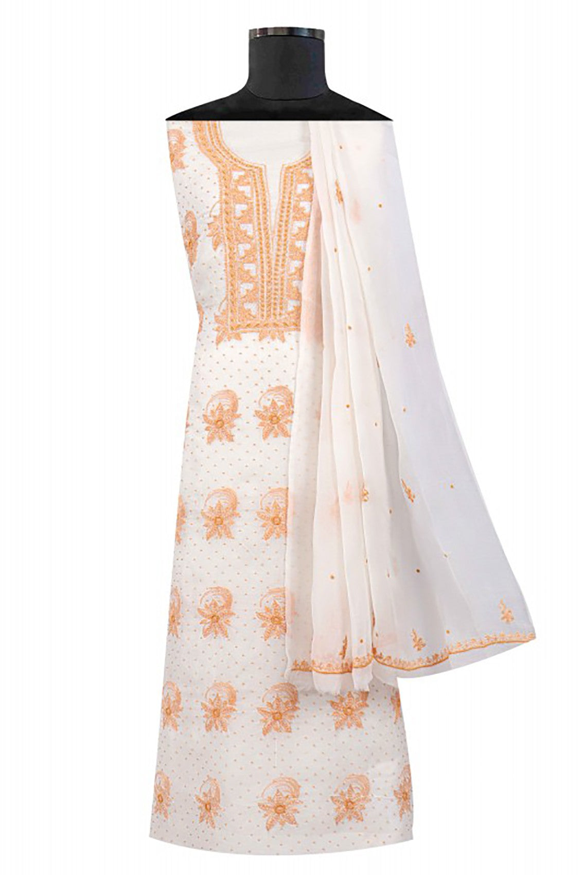 Ada Hand Embroidered Cream Organza Lucknowi Chikankari Unstitched Suit Piece With Pearl Work A586210