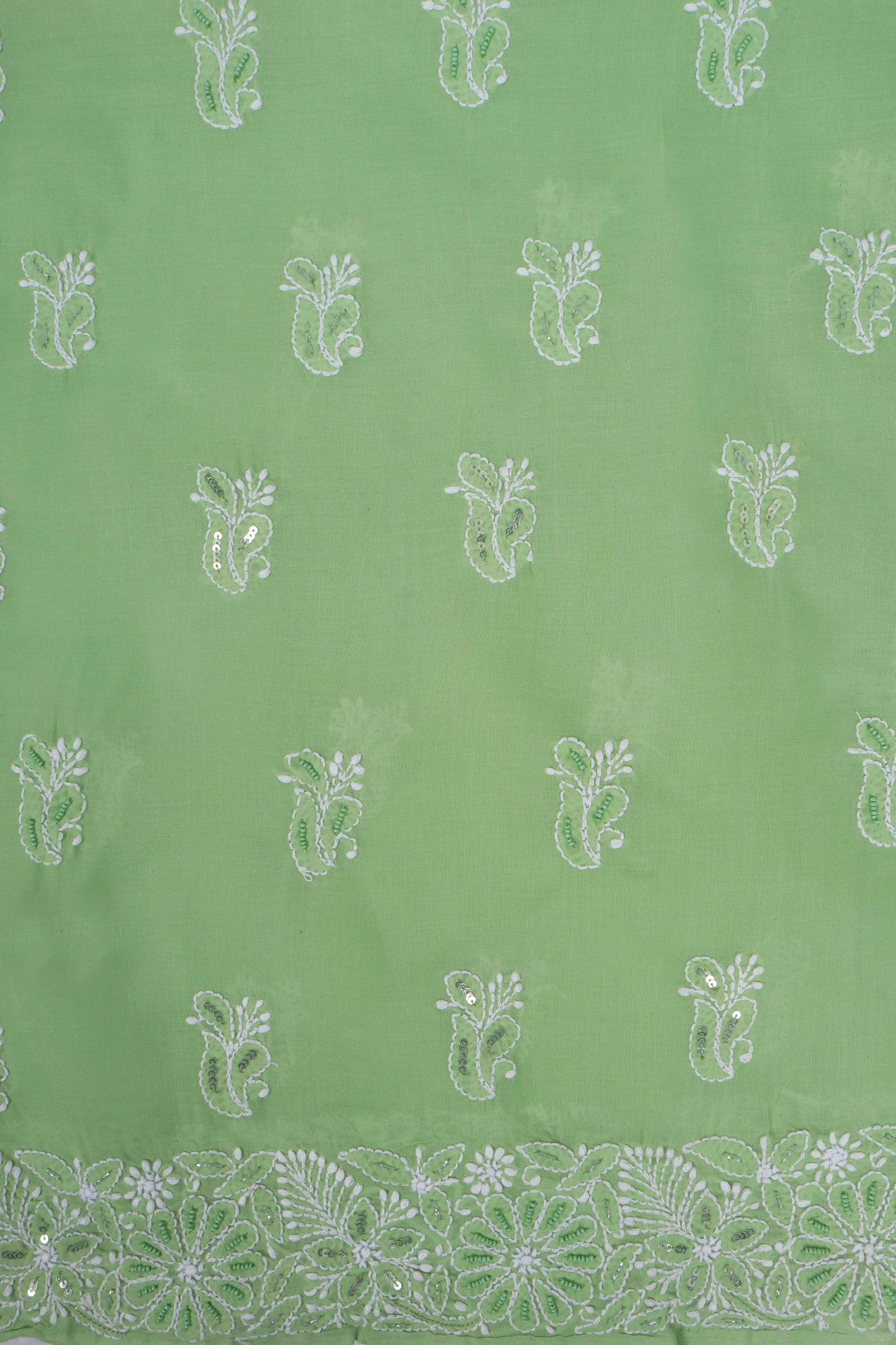 Ada Hand Embroidered Green Cotton Lucknowi Chikankari Unstitched Suit Piece With Pearl Work A620498