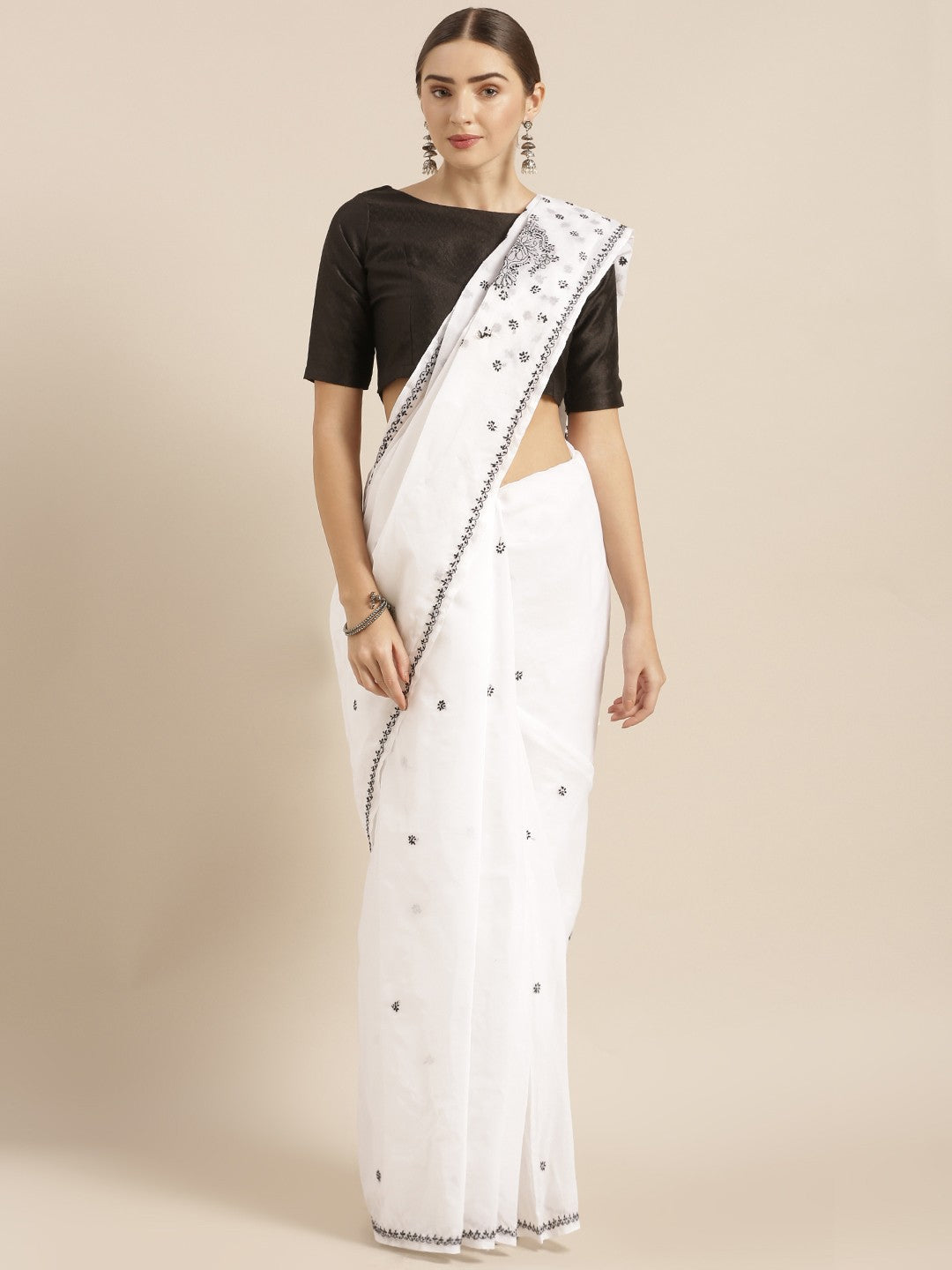 Ada Hand Embroidered Lucknow Chikan White Cotton Saree with Blouse A100145